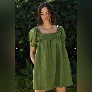 Free People Est Mila Mini Dress Smocked Puff Sleeve Shift green size large